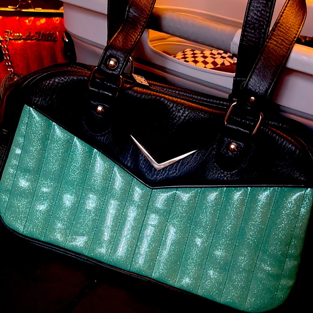 Liquor brand Bonneville Bowler Purse with Chevron Logo black and mint glitter